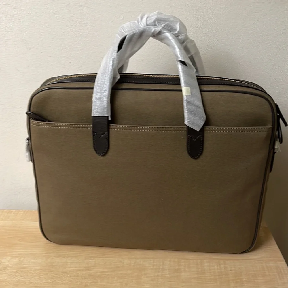 Polo Leather Trim Canvas Briefcase w/Leather ID Tag & Adj. Removeable Strap